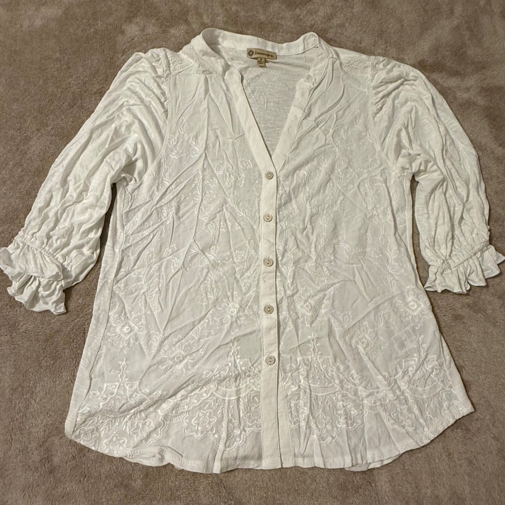 Democracy Womens White Embroidered Lace Button Front 3/4 Ruffle Sleeve Top S